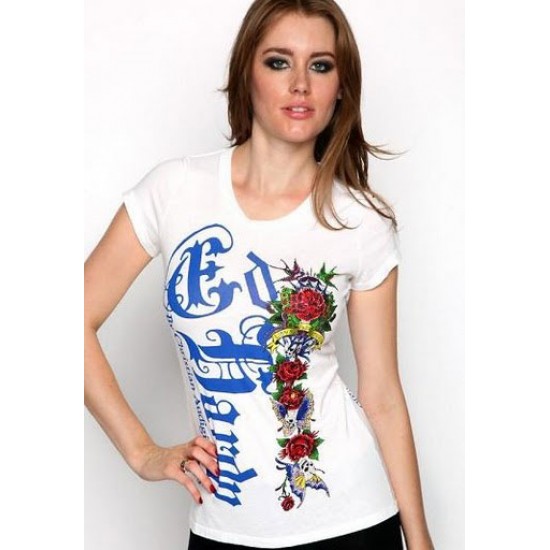 Ed Hardy Womens T-Shirt Butterfly Skull & Roses Tee White