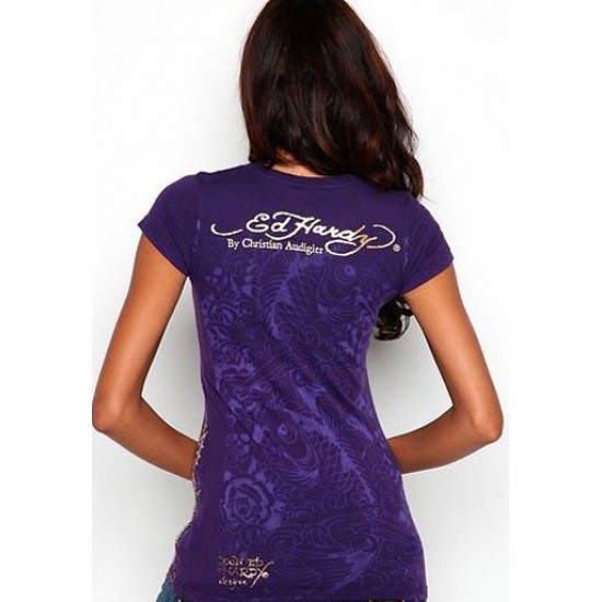 Ed Hardy Womens T-Shirt Koi MultiPrint Tee Purple