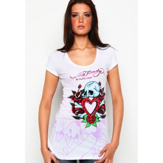 Ed Hardy Womens T-Shirt Skull In Love & Roses Specialty Tunic White
