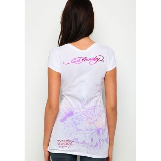 Ed Hardy Womens T-Shirt Skull In Love & Roses Specialty Tunic White