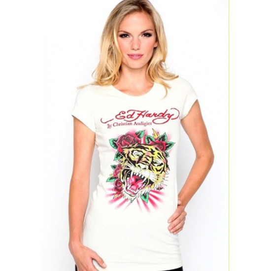 Ed Hardy Womens T-Shirt Tiger & Roses Basic Tee White