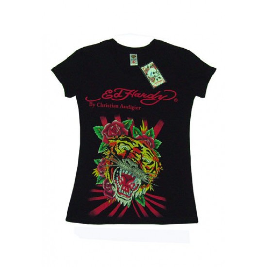 Ed Hardy Womens T-Shirt Tiger & Roses Rhinestone Tee Black