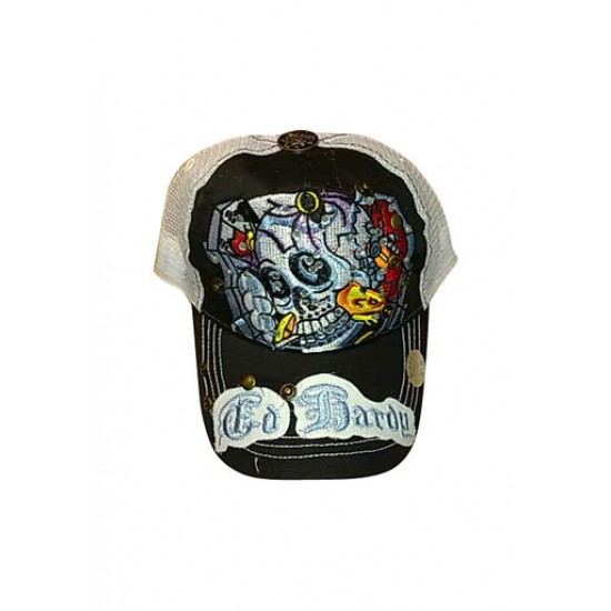 Ed Hardy Cap Dragon and Skull Stencil Black And White