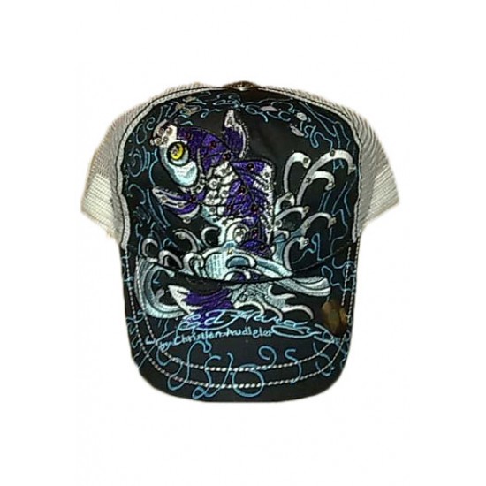 Ed Hardy Cap Koi Stencil Embroidered Black And White