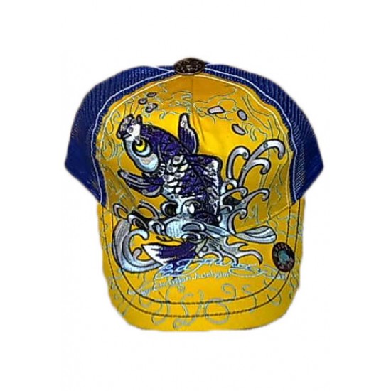 Ed Hardy Cap Koi Stencil Embroidered Yellow And Blue