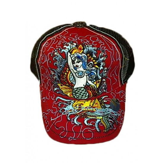 Ed Hardy Cap Mermaid Stencil Embroidered Red And Black