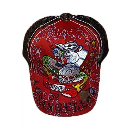 Ed Hardy Cap Death of Glory Stencil Embroidered Red And Black
