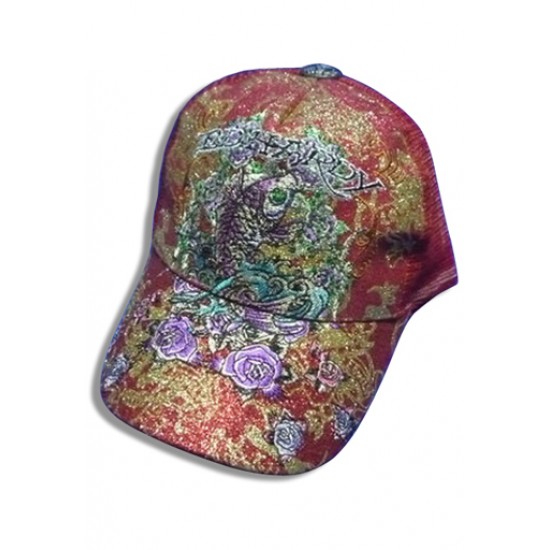 Ed Hardy Cap Koi & Roses Embroider Foil Red
