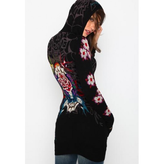 Ed Hardy Femme Hoody Rose Bird Knitted Front Zip Tunic Black