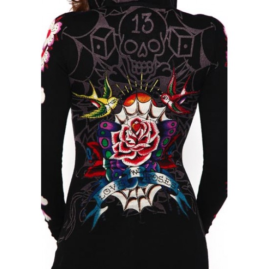 Ed Hardy Femme Hoody Rose Bird Knitted Front Zip Tunic Black