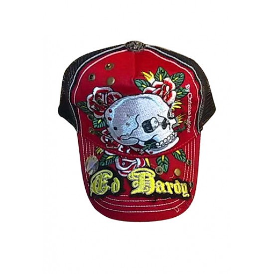 Ed Hardy Cap Skull and Rose Stencil Logo Studded Red And Black