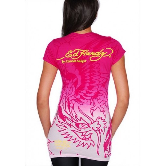 Ed Hardy Womens T-Shirt Koi Dip Dye Tee Pink