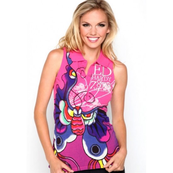 Ed Hardy Womens Knit Top Butterfly Multi Print Vest Pink