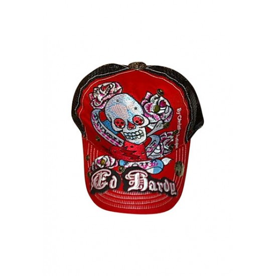 Ed Hardy Cap Death of Love Stencil Logo Studded Red And Black