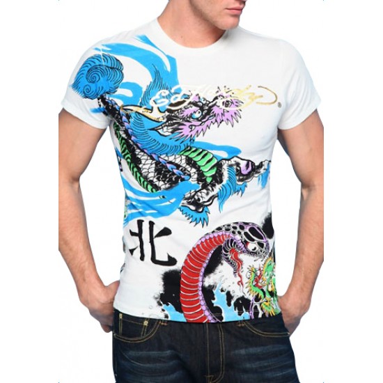 Ed Hardy Mens Short Sleeve T-Shirt Dragon & Python All Over Print Platinum White