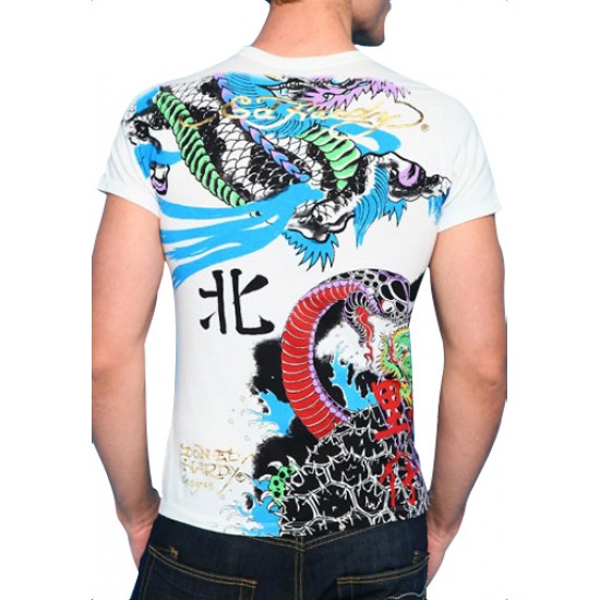 Ed Hardy Mens Short Sleeve T-Shirt Dragon & Python All Over Print Platinum White