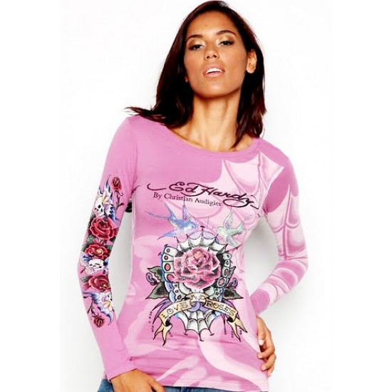 Ed Hardy Womens Long Sleeve T-Shirt Love & Roses All Over Print Lavendar