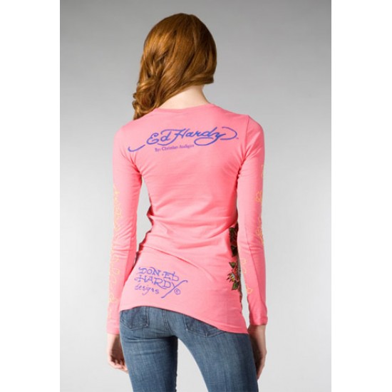 Ed Hardy Womens Long Sleeve T-Shirt Skull & Roses Multi Print Pink