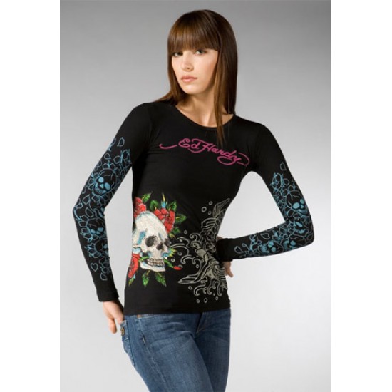 Ed Hardy Womens Long Sleeve T-Shirt Skull & Roses Multi Print Black