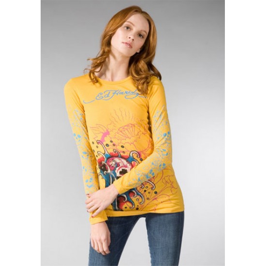 Ed Hardy Womens Long Sleeve T-Shirt Skull & Waves Multi Print Yellow