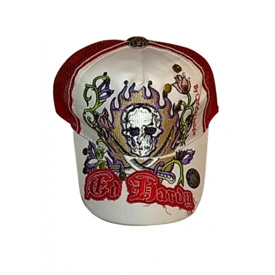 Ed Hardy Cap Two Swords Skull Stencil Red And White