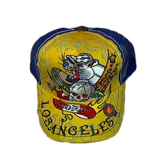 Ed Hardy Cap Death of Glory Stencil Embroidered Yellow And Blue
